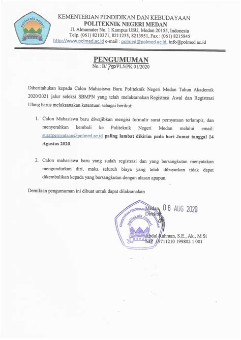 Pengumuman Surat Pernyataan Sbmpn 2020page 0001 Politeknik Negeri Medan