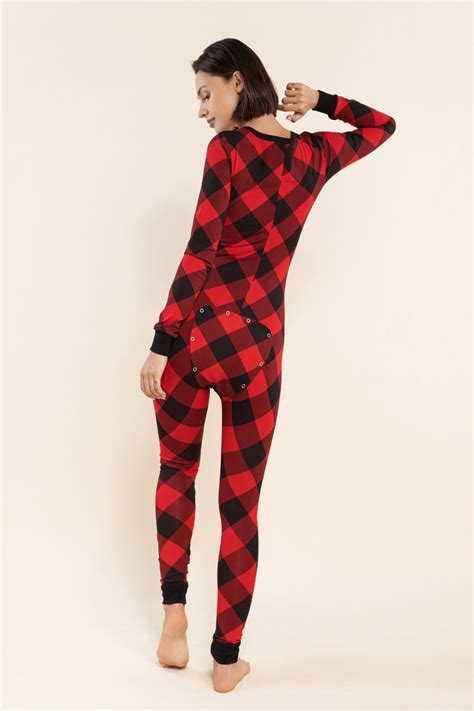 Sexy Pyjama Jumpsuit With Butt Flap Ladies Sleepsuit Onezee Black Red Checkered Womens Clothing
