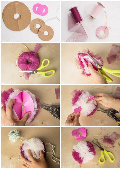 Making pom poms out of yarn, you can use toilet paper rolls or a fork, or chair legs or even a cardboard cutout. How to Make Tulle Poms! - Muslin and Merlot