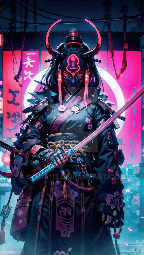 Neon Samurai Warrior In Cyberpunk Tokyo Backiee