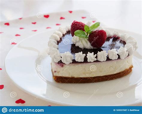 Heart Shaped Cheesecake With Raspberries Graham Cracker Crust Cream Cheese Filling And Jelly
