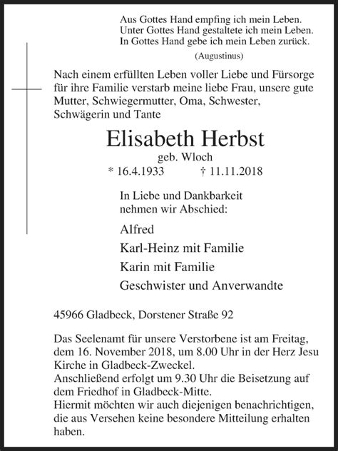Traueranzeigen Von Elisabeth Herbst Trauer In Nrwde