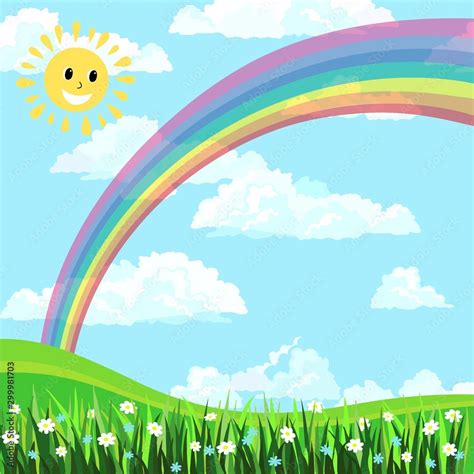 Blue Sky Rainbowsun And White Clouds Background Green Grass And