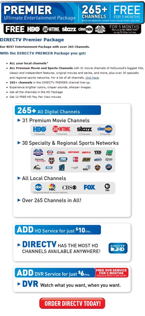 Free nfl sunday ticket, 30+ specialty sports channels and premium movie channels including hbo, showtime, cinemax and more. Good TV, Better TV, DIRECTV Free Installation! ORDER NOW ...