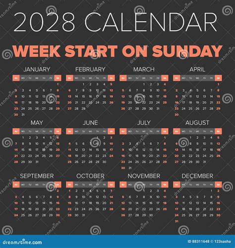 Simple 2028 Year Calendar Vector Illustration 88311678