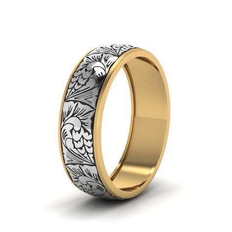 Engraved Two Tone Wedding Band In 14k Yellow Gold Mens Engraved