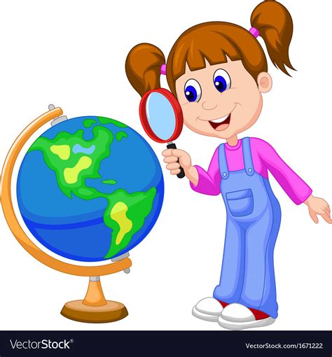Cartoon Girl Using Magnifying Glass Looking At Glo