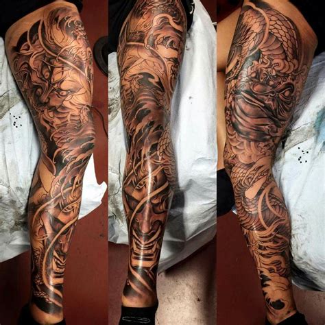 When we see dragons with a serpentine body, they usually have legs and no wings. Master Mike of Ink Fiend Tattoo | Leg sleeve tattoo, Leg ...
