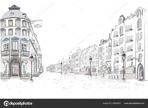 Series Street Views Old City Hand Drawn Vector Architectural Background