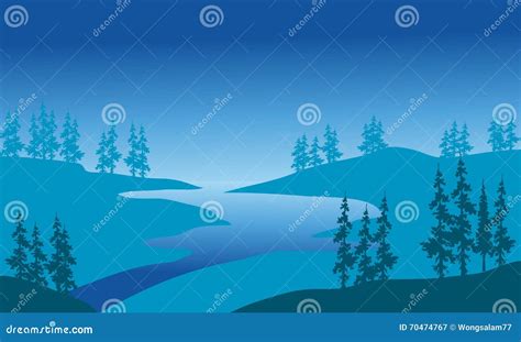 Silhouette Of River And Spruce Stock Vector Illustration Of Mountain
