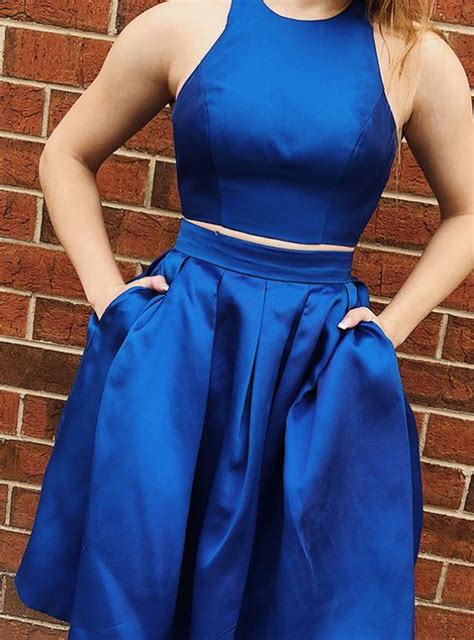 Royal Blue Two Piece Satin Backless Short Homecoming Dress With Pockets