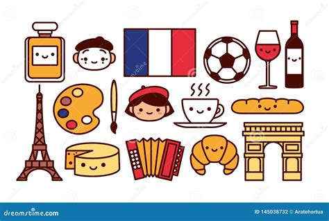 Set Of France Cartoon Icons Isolated Stock Vector Illustration Of