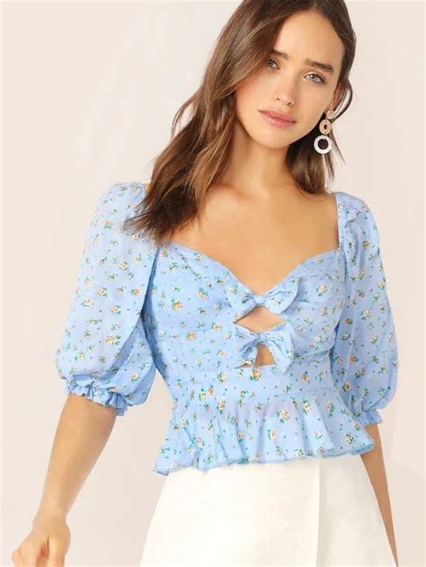 Shirred Back Bow Front Ditsy Floral Peplum Blouse Floral Peplum