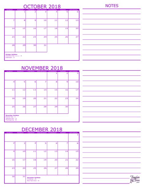 3 Month Calendar 2018