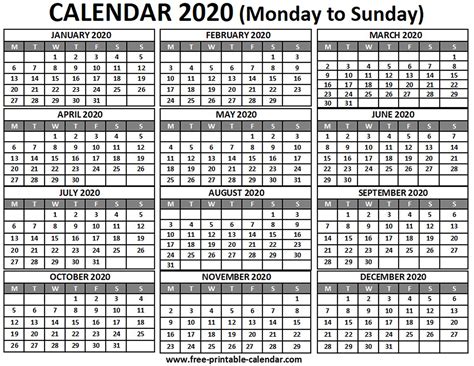 Monday Through Friday Calendar Printable 2020 Example Calendar Printable