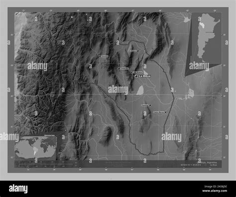 La Rioja Province Of Argentina Grayscale Elevation Map With Lakes And