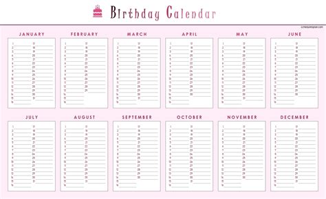 printable birthday calendar template birthday