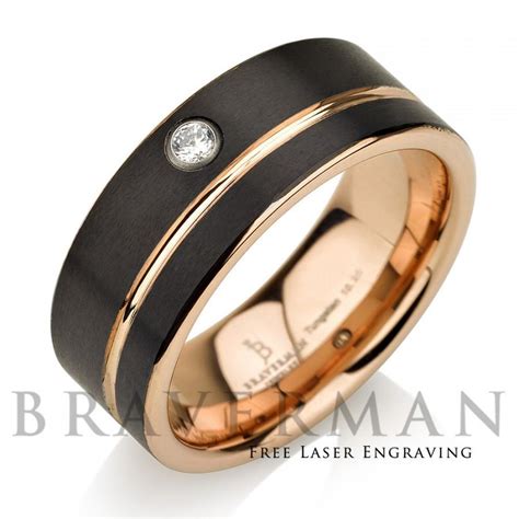 This rustic hammered style band is completely handmade in my studio in calgary, alberta canada. Black Tungsten Wedding Band,14k Rose Gold, White Diamond ...