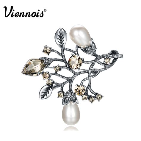 Viennois Fashion Jewelry Vintage Silver Color Tree Brooch Pins For Women Simulated Pearl