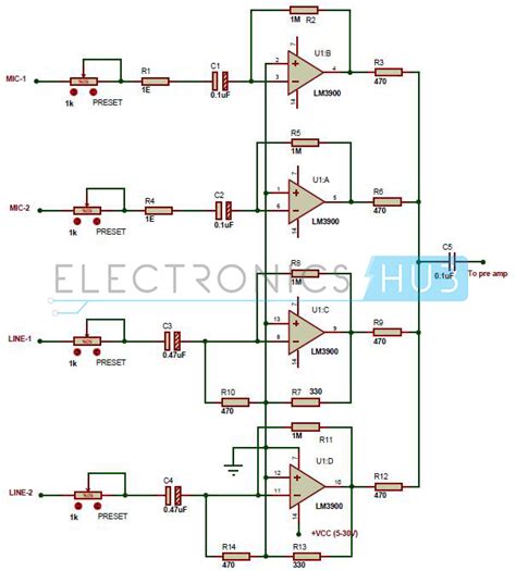 Multi Channel Audio Mixer Circuit Using Lm3900