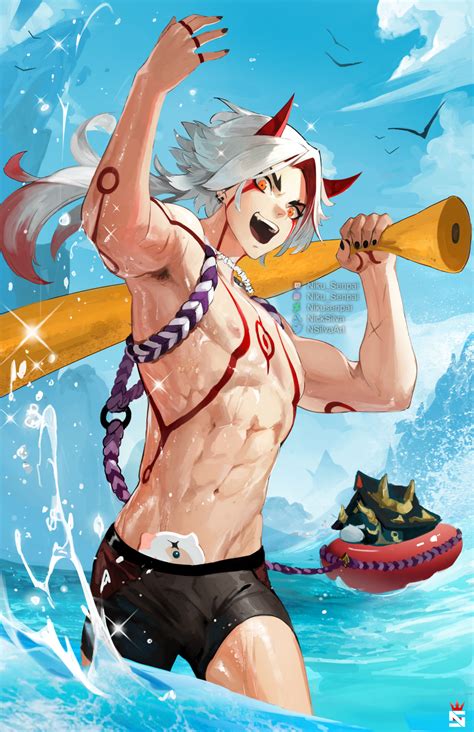 Safebooru 1boy Abs Arataki Itto Armpit Hair Armpits Beach Genshin