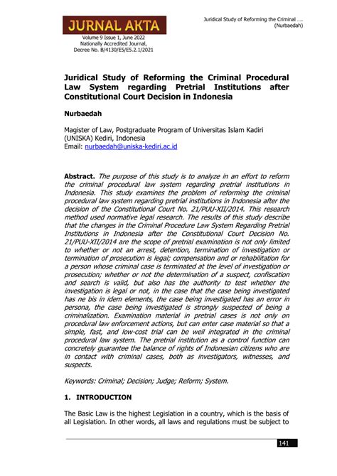 Pdf Juridical Study Of Reforming The Criminal Procedural Law System Regarding Pretrial