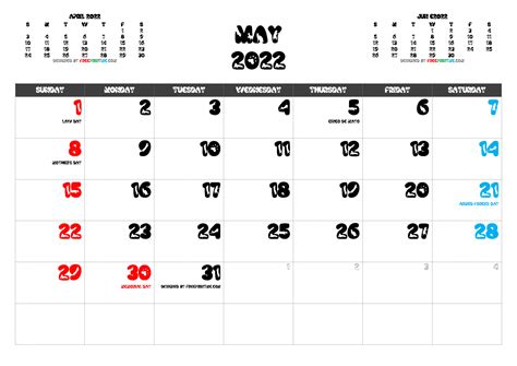 Free Printable May 2022 Calendar With Holidays Pdf Png