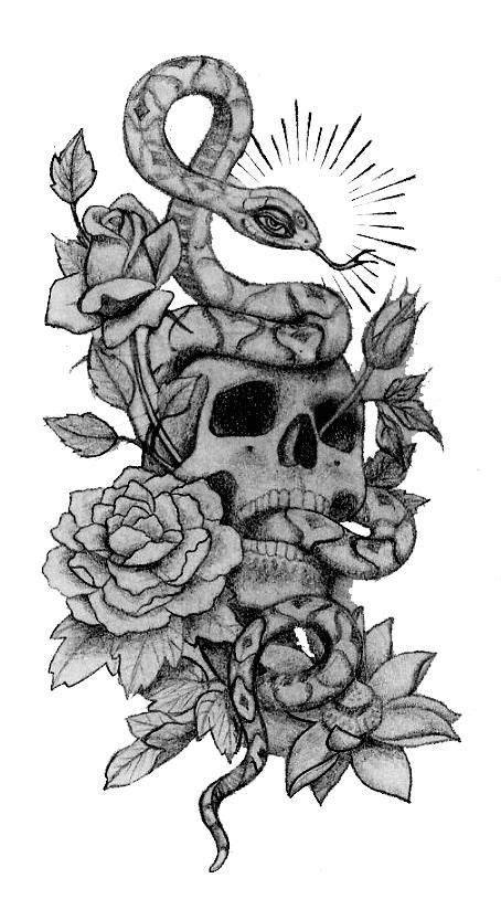 A Skull And Roses Tattoo Design With The Snake On Its Head In Black Ink