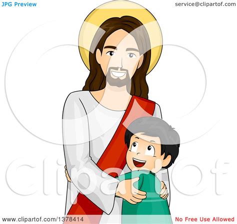 Clipart Of A Happy Boy Hugging Jesus Christ Royalty Free Vector
