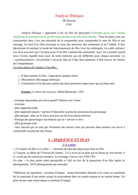 Analyse Filmique  Cours de l'année entière  Analyse filmique JB