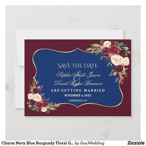 Charm Navy Blue Burgundy Floral Gold Save The Date Zazzle Gold Save