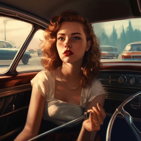 Premium Ai Image A Woman Sits In A Vintage Car With A Red Lips