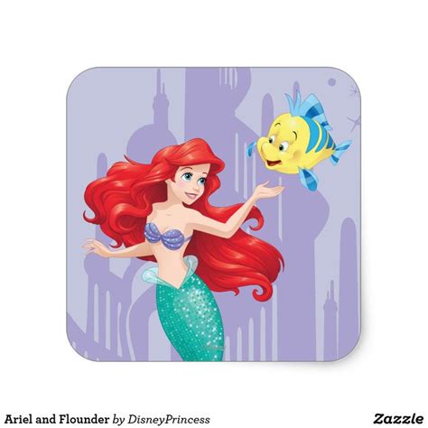 Ariel And Flounder Square Sticker Beautiful Disney Princess Ariel