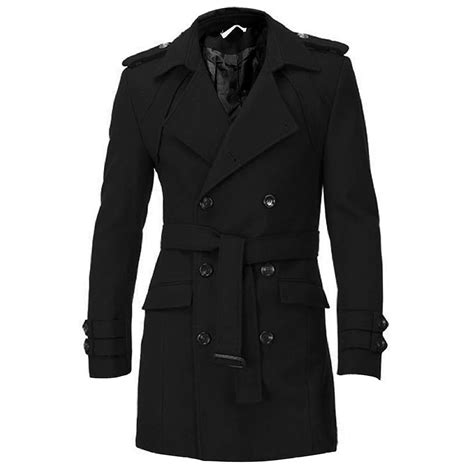 Men Epaulets Slim Fit Double Breasted Belted Worsted Coat Trench Winter
