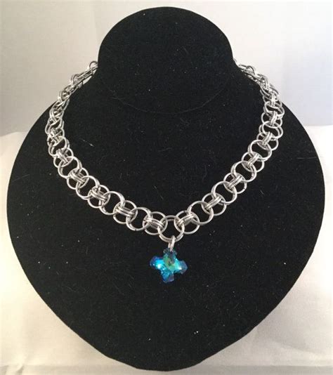 Helm Weave Chainmail Necklace Blue Crystal Greek Cross Chain Etsy