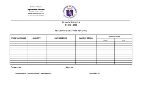 Blank Brigada Eskwela Form 5 Records Of Donations Received Pdf