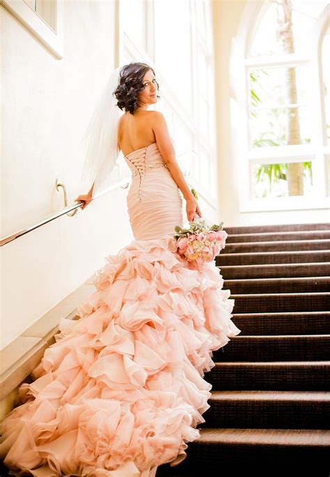 A lace midi dress, a backless blush one or something. Real-Life, Beautiful Brides in Blush Wedding Gowns ...