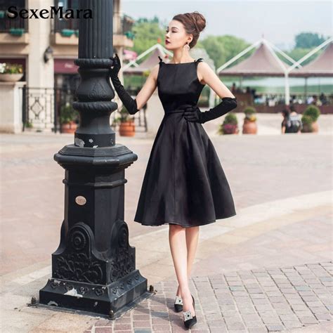 sexemara vintage audrey hepburn style black dress 2017 womens 50s high waist knee length party