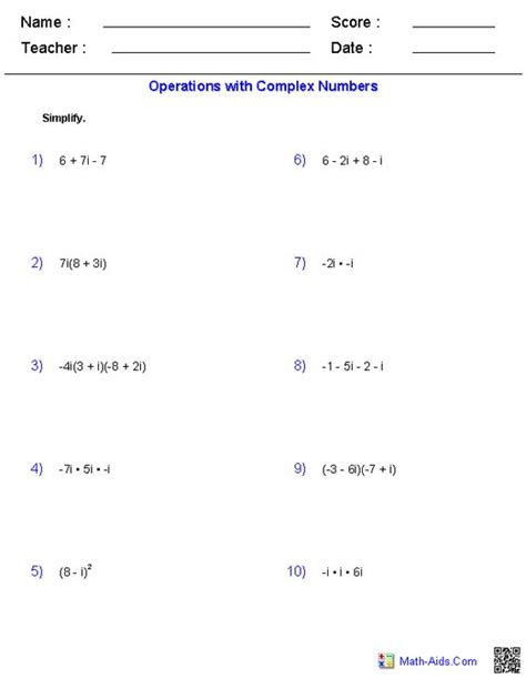 Dividing Complex Numbers Worksheets