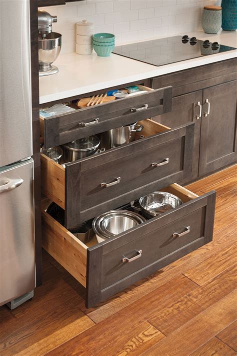 The rule for kitchen drawer and kitchen cabinet organization is that the more often you use something, the easier it should be to get to. Three Drawer Base Cabinet - Aristokraft Cabinetry