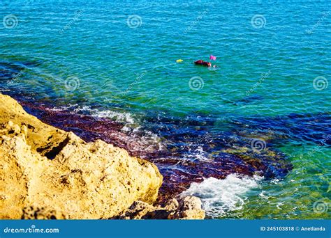 Person Scuba Diver With Equipment Diving In Blue Water Stock Photo