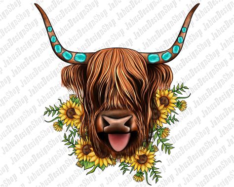 Sunflower Highland Cow Png Sublimation Design Highland Cow Etsy