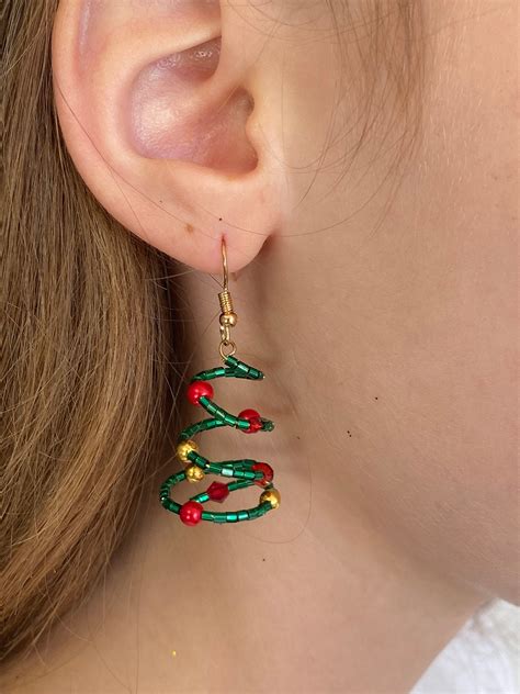 Christmas Tree Earrings Wire Xmas Tree Earrings With Pearls Etsy