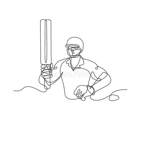 Cricket Batsman Holding Up Bat Front View Continuous Line Drawing Stock