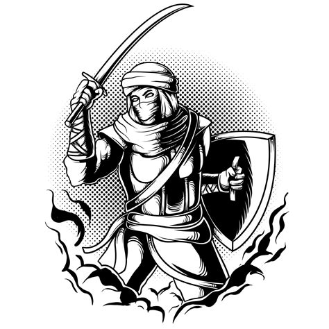 Arabian Muslim Warrior Holding Sword And Shield Black And White Vector