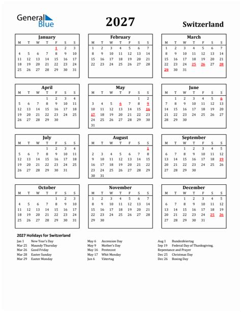 Free Printable 2027 Switzerland Holiday Calendar