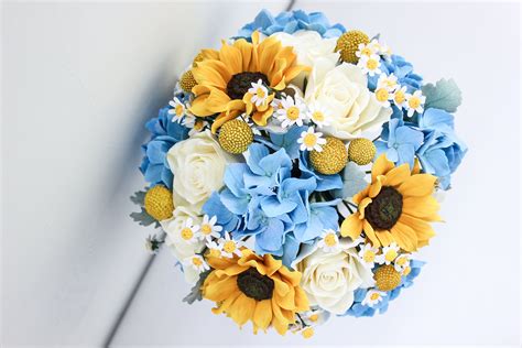 Sunflower And Blue Hydrangea Wedding Bouquet Yellow And Blue Etsy