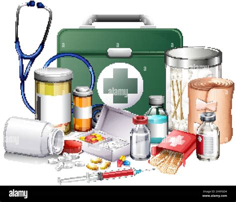 Many Medical Equipments And Medicine On White Background Illustration