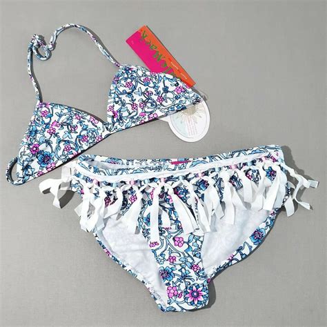 Kate Mack Girls Blue Pink Floral Fringe Beaded Bikini Two Piece Set 14 New Kg1 Katemack
