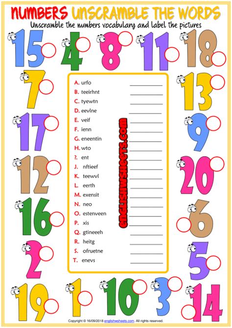 numbers esl unscramble the words worksheet for kids